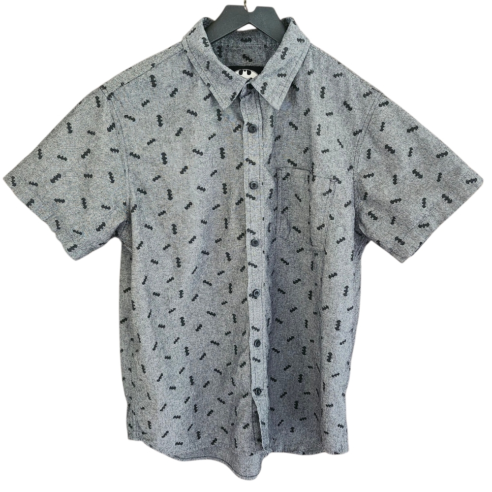 Batman Men’s Large Button Down Short Sleeve‎ Shirt Gray 100% Cotton